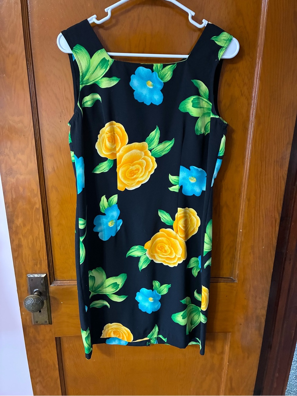 #30 - Vintage Kathie Lee Black Floral Sheath Dress with Yellow & Blue Blooms